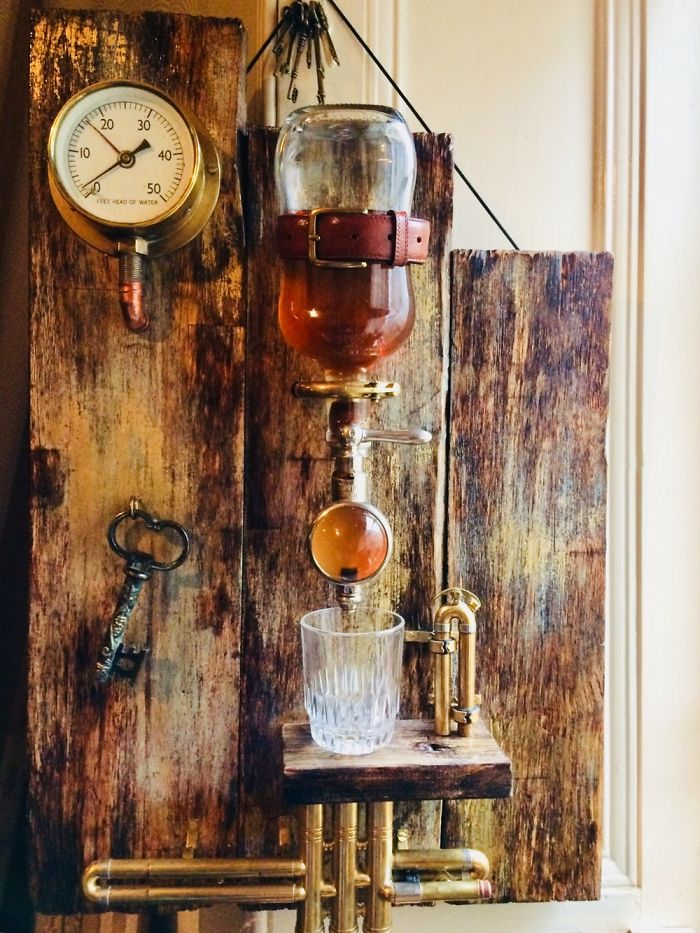 Portable Whiskey Bar . Made From An Old Trumpet, Some Old Flooring And A 1950s Optic.