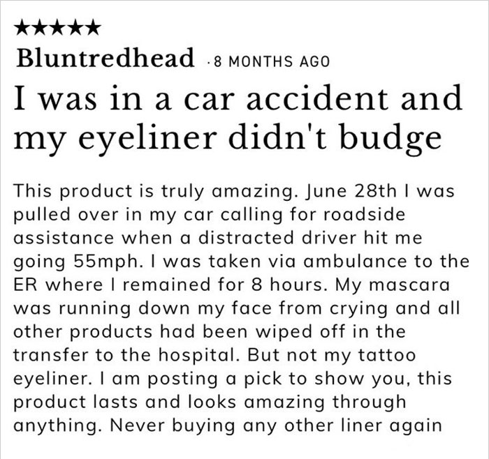 Woman’s Review Of Eyeliner That Stays Intact Through Harrowing Car Accident Goes Viral, And It’s Hilarious