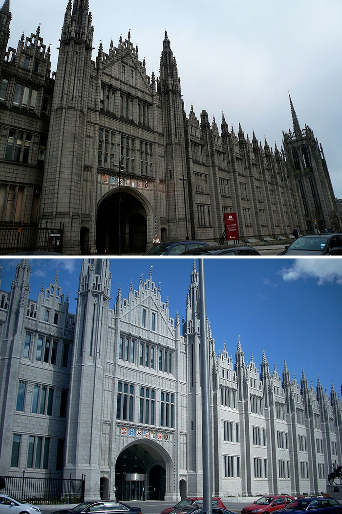 Marischal College In Aberdeen, The 2nd Largest Granite Building In The World, Has Been Cleaned. Before And After
