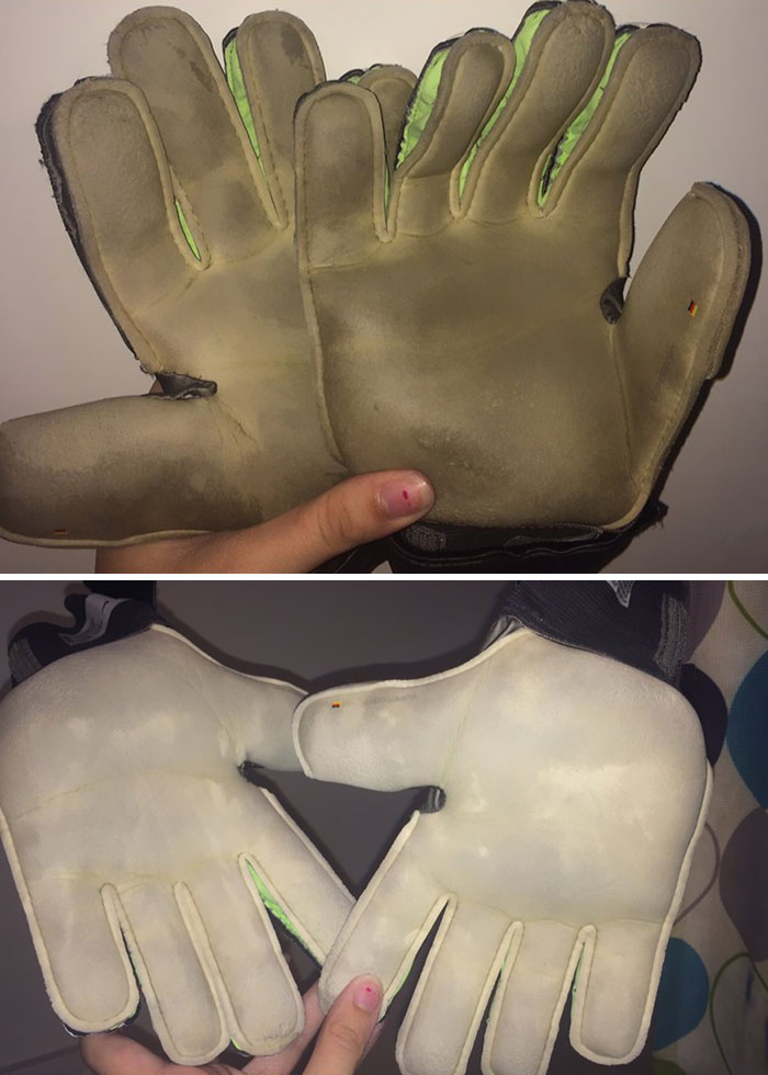 Before And After Of Finally Cleaning My Gloves. Needless To Say I Don't Think They Smell As Bad