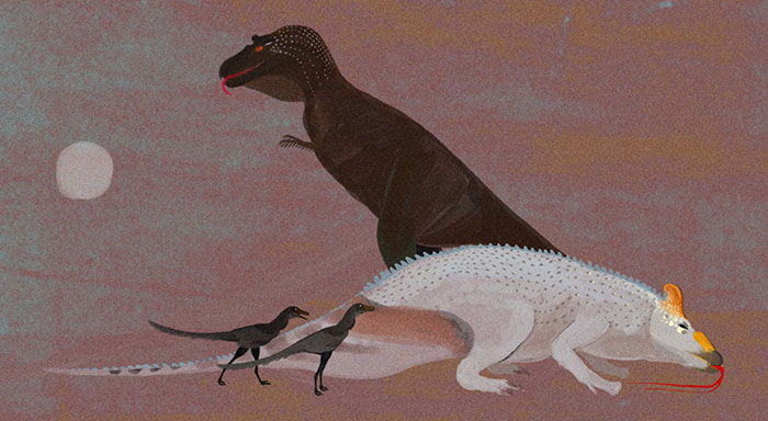 An Experimental, Cave-Art-Like Rendition Of Dinosaurs. The Mid-Size Tyrannosaur, Gorgosaurus, Has Just Killed An Edmontosaurus-Like Herbivore, Two Bird-Like Troodonts Are Closing In To Share The Kill