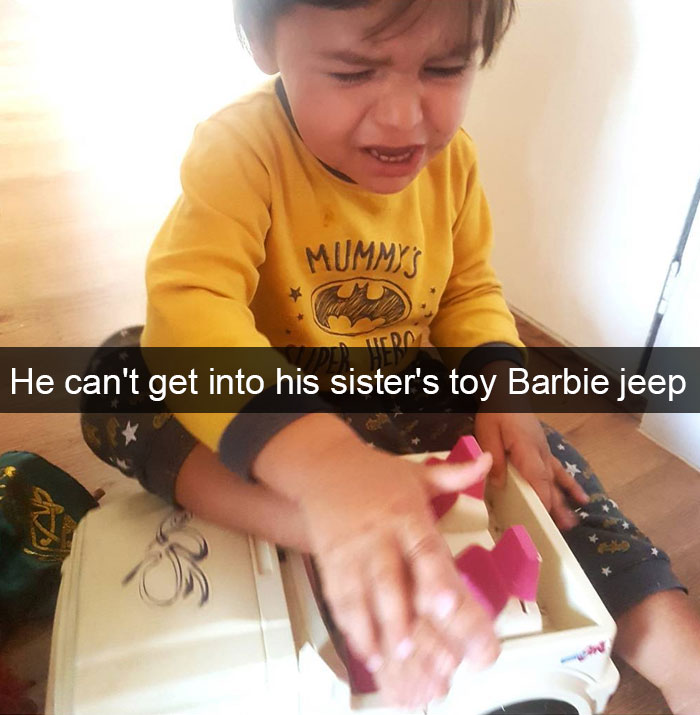 He Can't Get Into His Sister's Toy Barbie Jeep