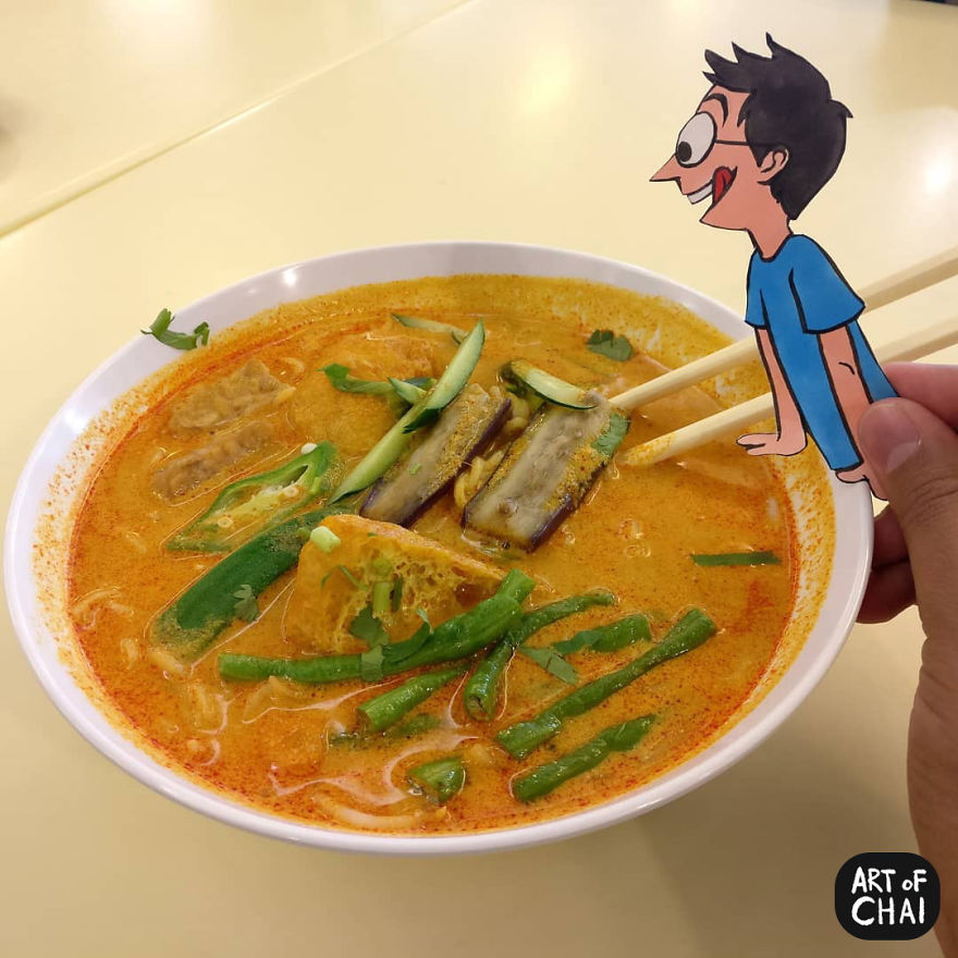 Chai Had Been Looking Forward To Try Some Malaysian Food. Here's Him About To Jump Into A Bowl Of Nyonya Laksa