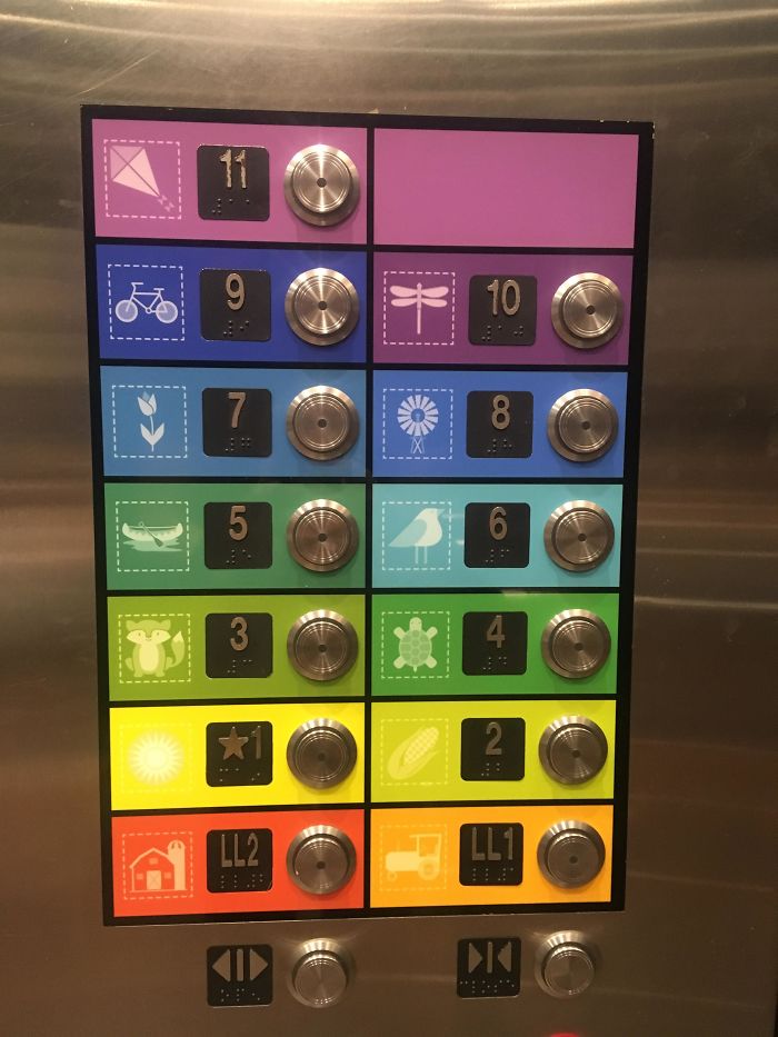 Botones de colores en el ascensor del hospital infantil