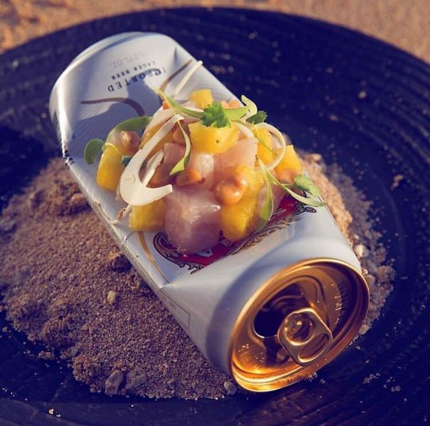 Fish Served On An Empty Beercan In A Dirty Ashtray