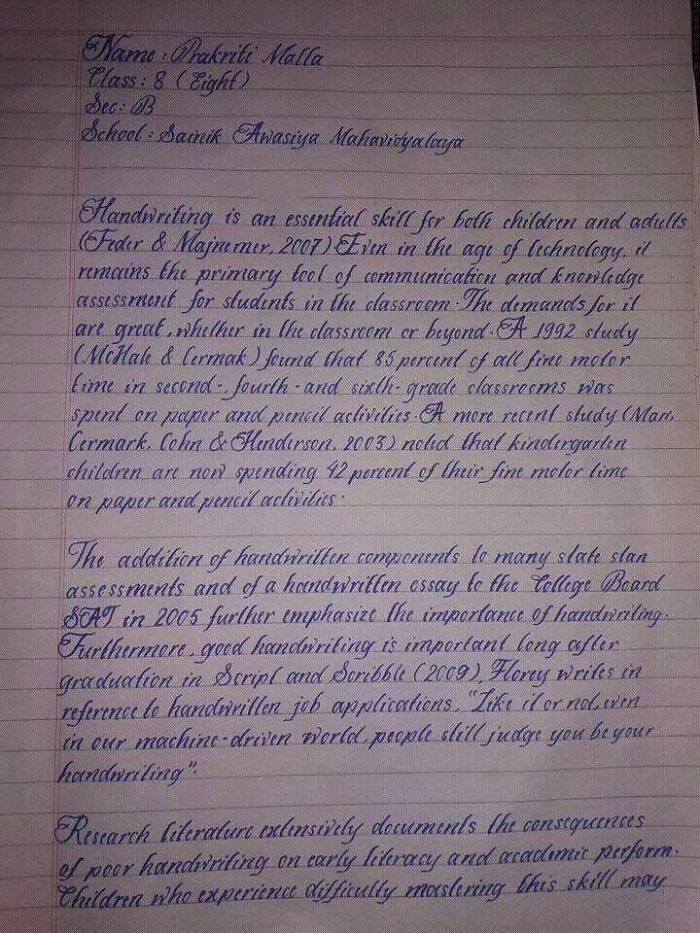 Letra de un estudiante indio de 8º grado