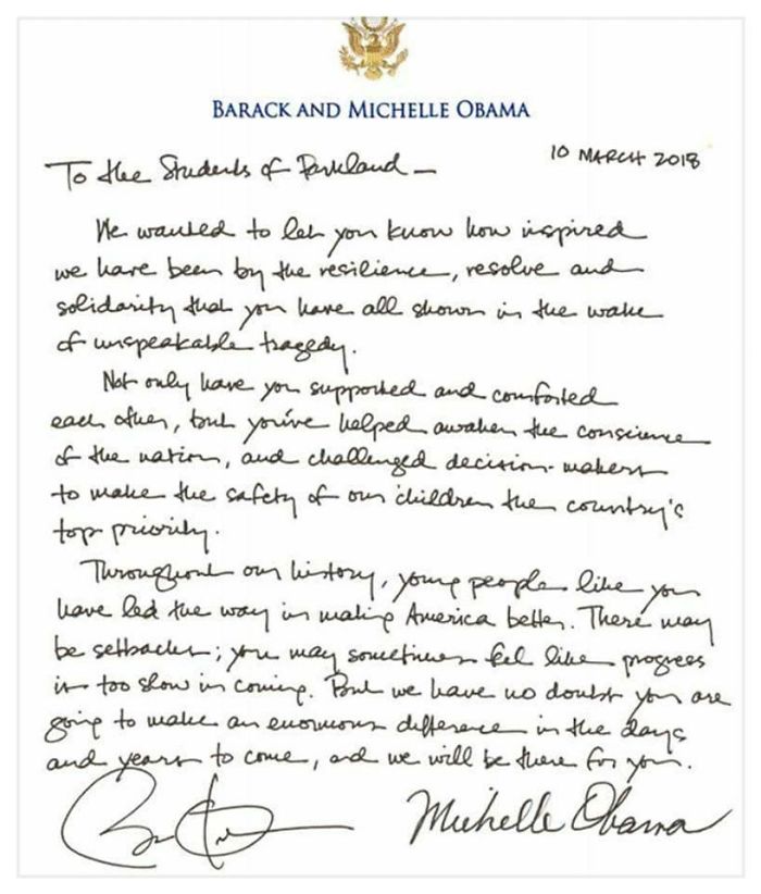 Barack And Michelle Obama's Letter To The Parkland, Florida Students