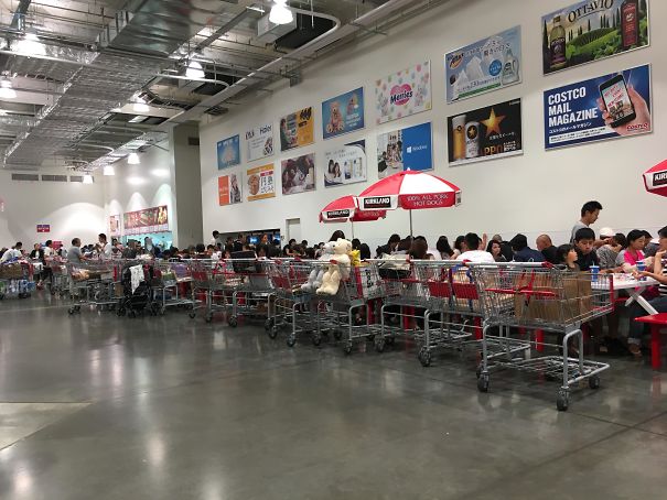 Everybody Lines Up Their Carts Nicely At The Food Court In Costco In Japan