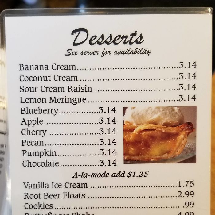 The Price For Pie, At The Café I Had Lunch At Today, Is $3.14