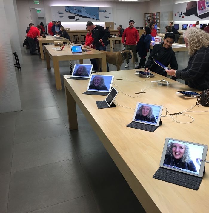 My Dad And I (Jokingly) Told My Mom We Would Leave The Apple Store Only After She Had Taken A "Selfie" On Every Single Device. Next Thing I Know Her Face Is All Over The Store