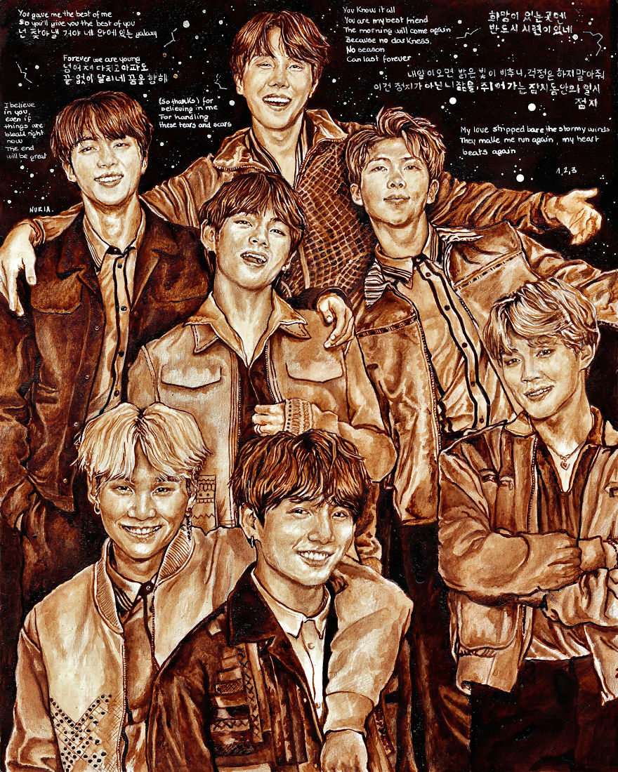 Celebrating Bts' No.1 On Billboard 200 With A New Illustration Done With Coffee
