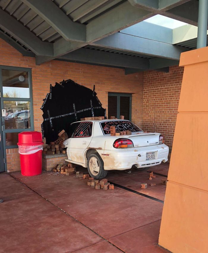 School Principal Is Shocked After Finding A Car Crashed To A School Wall But It's Not What You'd Expect