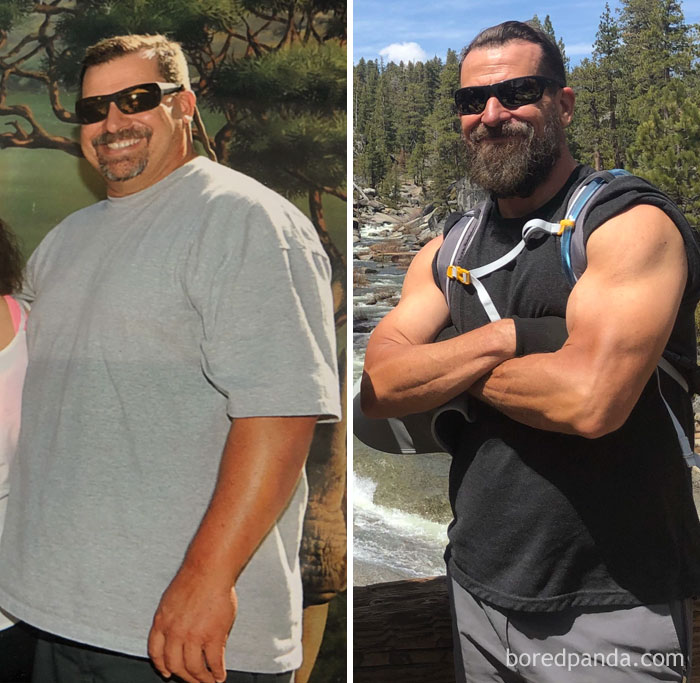 93 Lbs Lost In 26 Months. The Backgrounds In These Pics Seem Fitting. From Crappy Painted Trees At An Amusement Park To Real Trees Above Yosemite Falls During A 7 Hour Hike