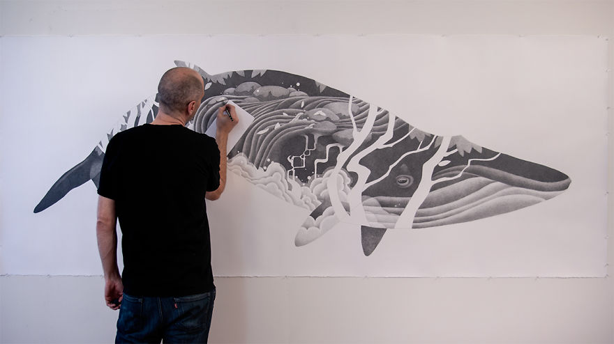 I Create Large-Scale Whale Drawings Using Hundreds Of Pencils As An Ode To My West Coast Home