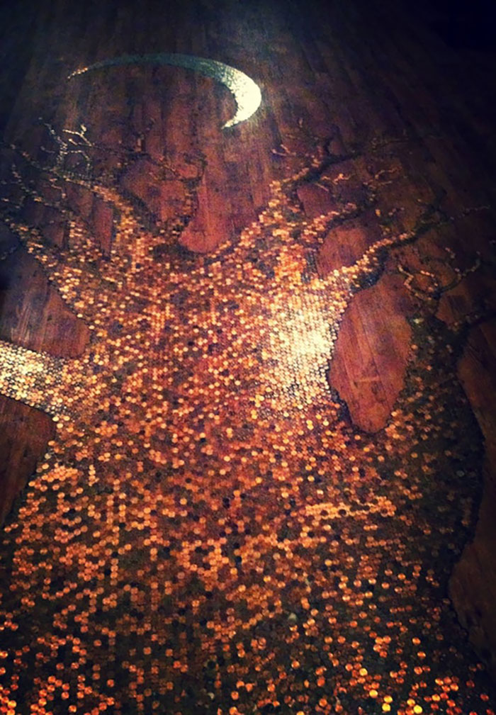 A Tree Made Of 24,000 Pennies On The Floor Of A Local Coffee Shop. And A $700 Moon