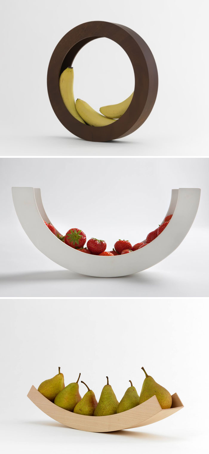 Minimalist Circular Fruit Bowls. Each Piece Of Fruit Added To Or Subtracted From The Mix Changes The Angle Of The Centerpiece