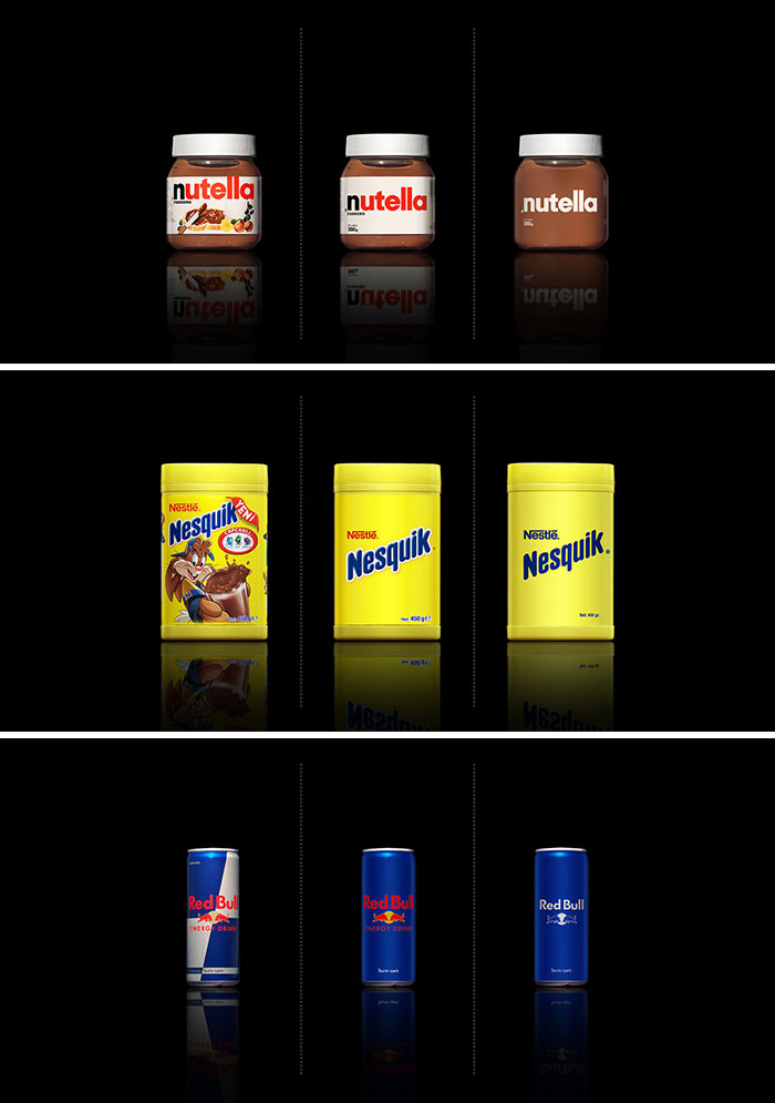Conceptual Packaging Design For Well-Known Supermarket Products Created By Stripping Back The Existing Graphics In Stages