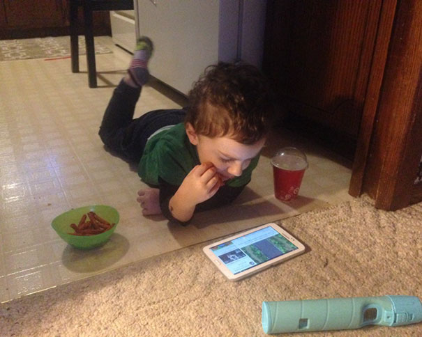Food Isn't Allowed In The Living Room. His Tablet Isn't Allowed In The Kitchen. He Beat The System. I Quit