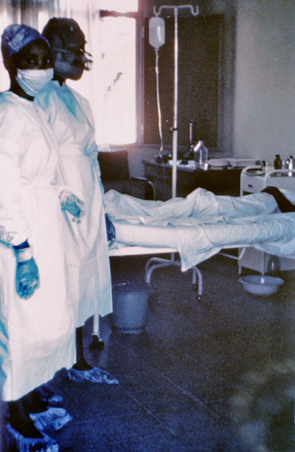 Picture of Mayinga N’Seka a nurse standing near hospital bed during an Ebola Outbreak in 1976