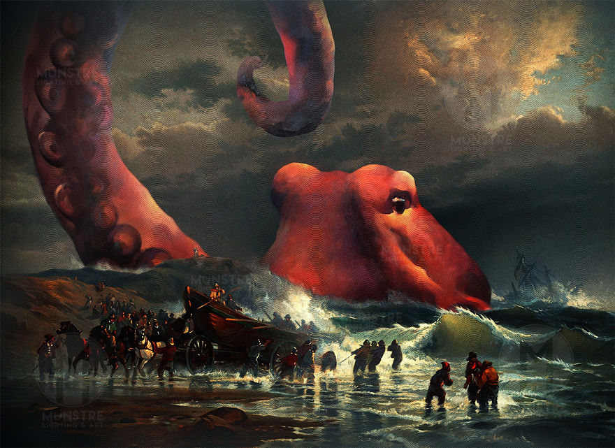 This Artist Modified An Antique Oil Painting To Include A Massive Sea Monster And Then Illuminated It