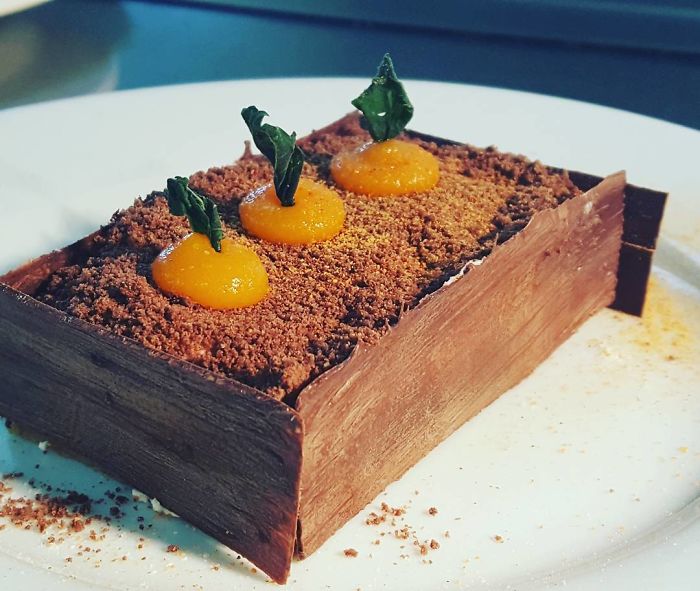 Chocolate And Carrot Cake... Carrot Cake Cookie Dough, Chocolate Soil, Caramelised Carrot Gel, Carrot Powder