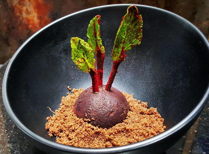 Chocolate And Beetroot Brownie Filled With Chocolate Mousse, Chocolate Soil, Mint Leaves