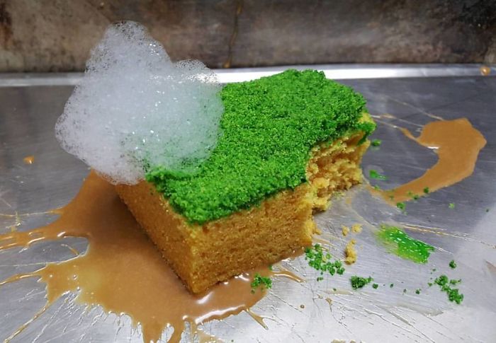 Olive Oil Sponge Cake With Mint Crumb, Sweet Milk Foam And A Baked Apple Puree