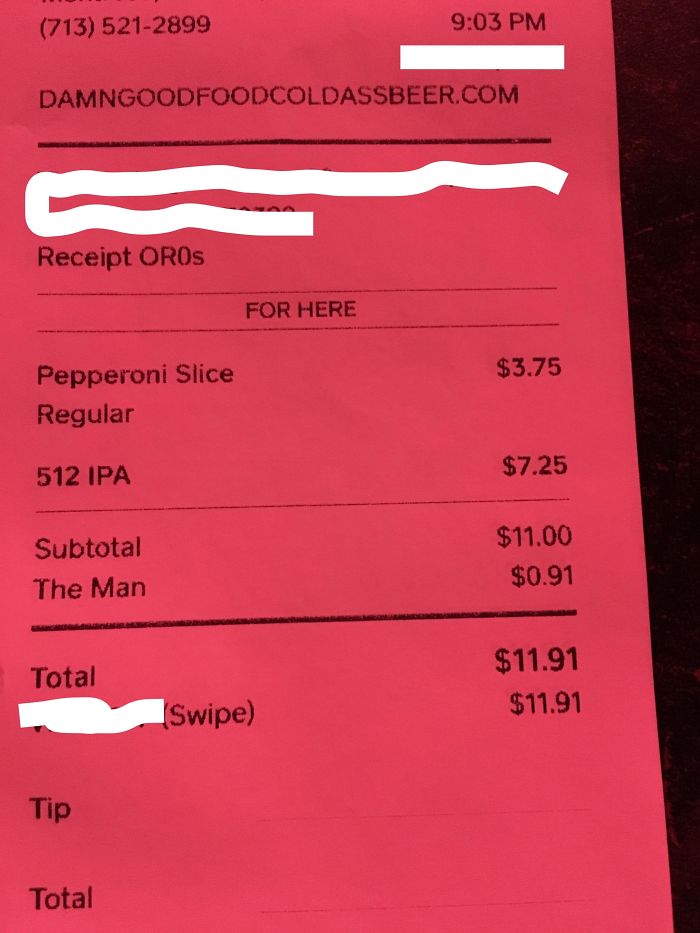 This Pizza Place Lists The Taxes As “The Man” On Their Receipts