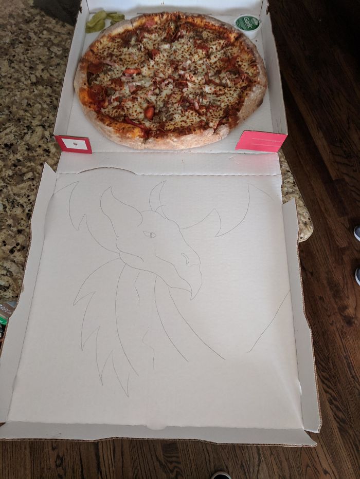 My Group Asks The Pizza Place To Draw Dragon On The Box Every Time We Order. Today They Did