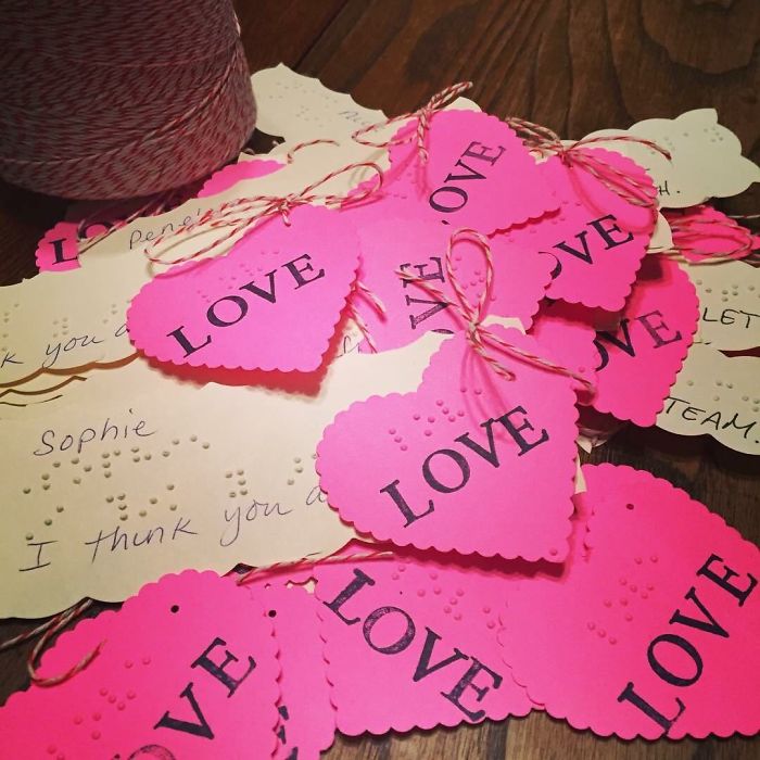 My Daughter Is Blind And Her Grade 2 Class Is Exchanging Valentines Tomorrow. She Brailled "Love" On Each One And Then Used A Heart-Shaped Hole Punch. The Letters In Print Are So Her Classmates Know What It Says
