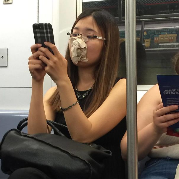 Just A Normal Sighting On The Subway. I'm Sure That Napkin Is Really Keeping The Germs Away