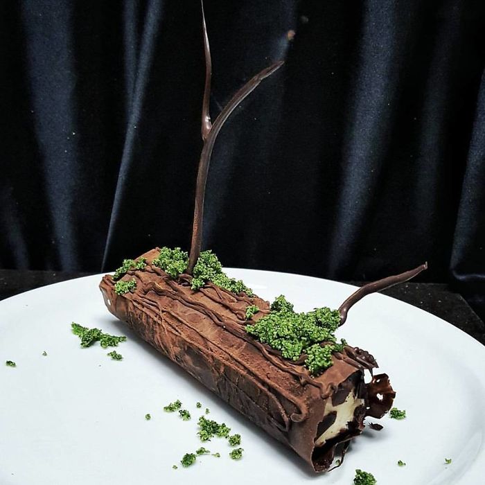 Chocolate Log Filled With An Orange Bavarois, Coated In Mint 'Moss'
