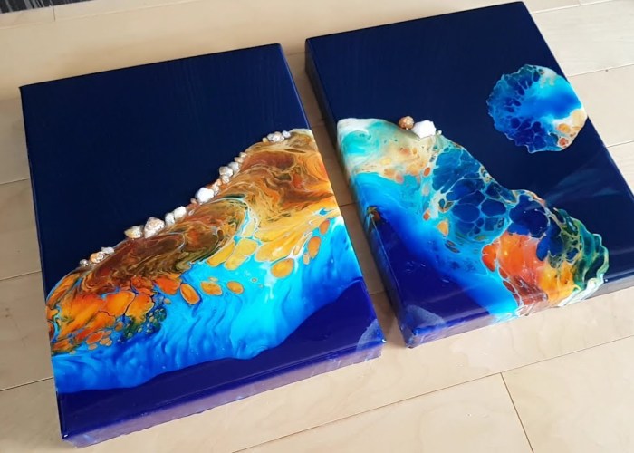 Fluid Paintings Created By Pouring Acrylic Paints On Resin