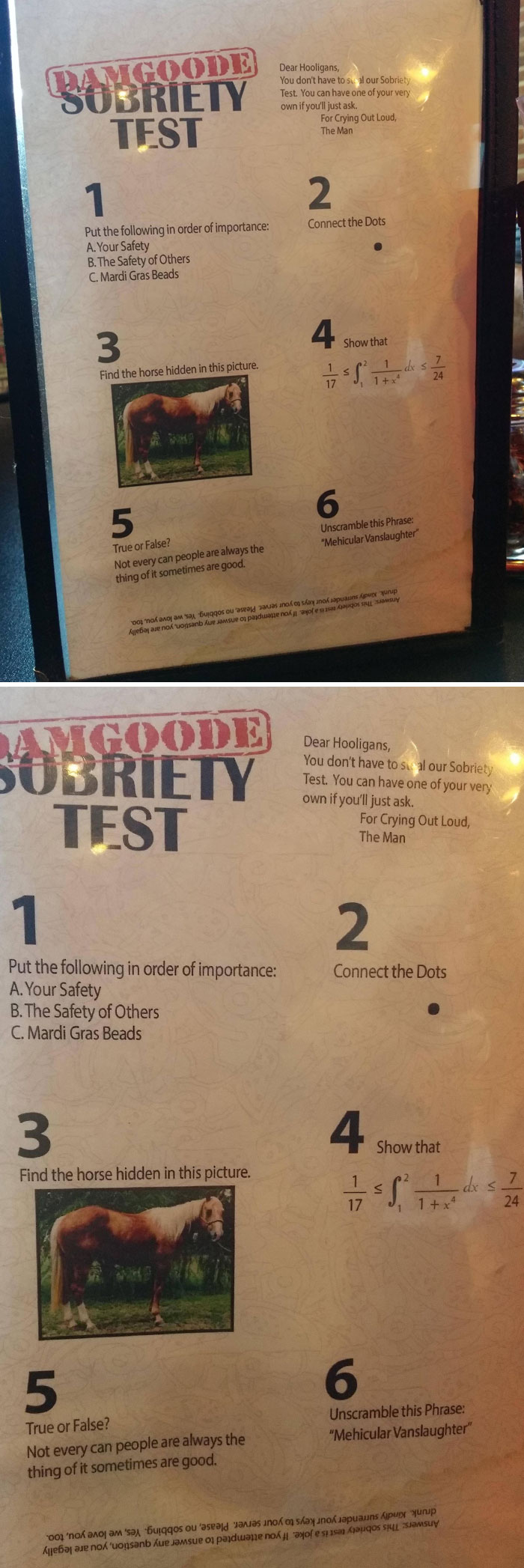 Local Pizza Place Has A Sobriety Test On The Back Of Its Drink Menu