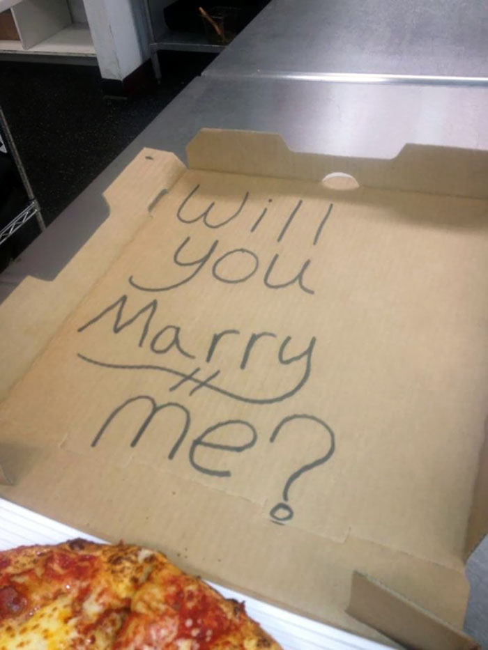 A Guy Asked Us To Write On His Pizza Box "Something To Cheer Up My Girlfriend." Wonder How That Went?