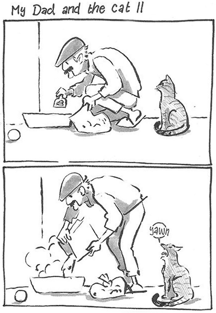 Daughter Hilariously Illustrates Her Dad’s Ambivalent Relationship With Their Cat In 8 Honest Comics