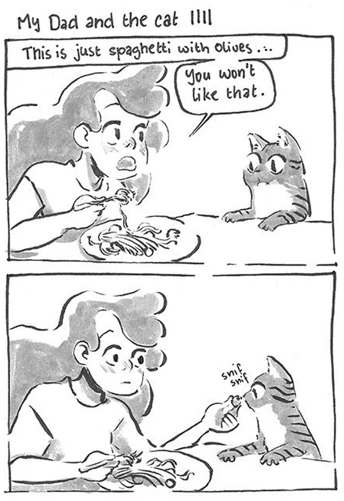 Daughter Hilariously Illustrates Her Dad’s Ambivalent Relationship With Their Cat In 8 Honest Comics
