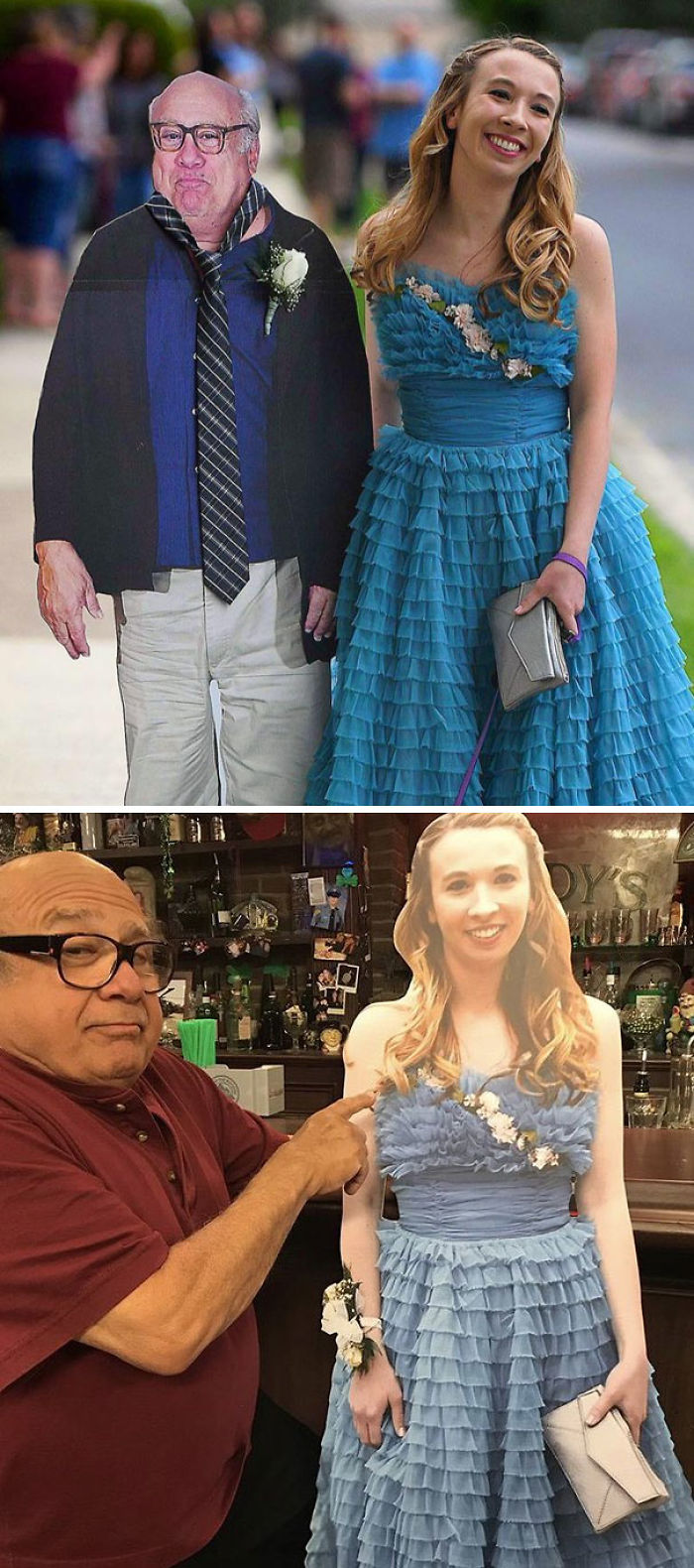 Esta chica llevó una silueta de Danny DeVito a su graduación, y Danny DeVito llevó una silueta de ella al pub