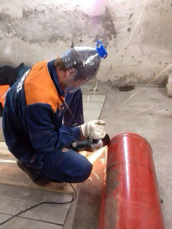 When You're Cutting Open A Flammable Gas Cylinder With A Grinder, Always Remember To Put A Plastic Water Bottle Over Your Head. Always