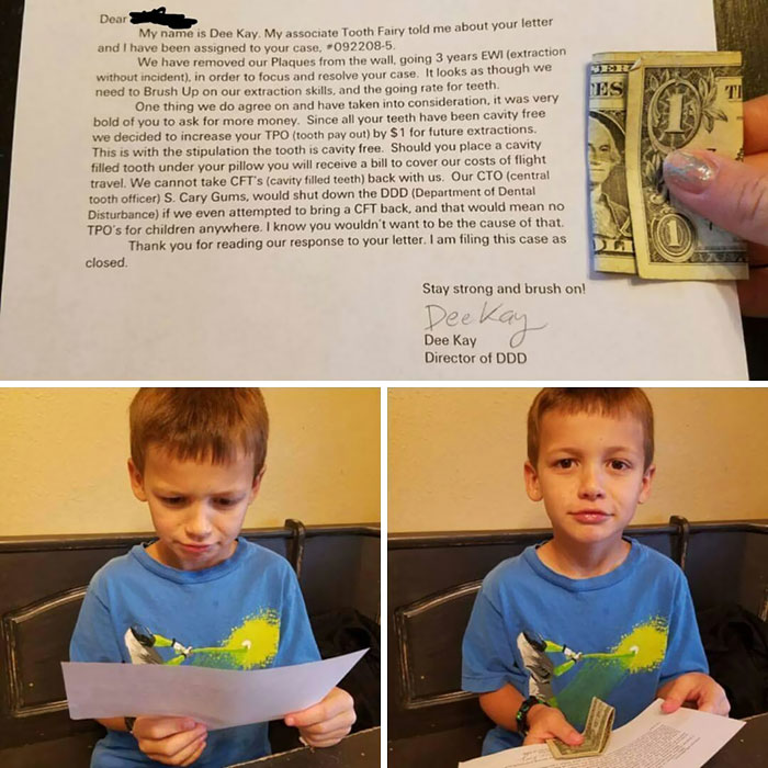 A Friend's Son Got $1 From The Tooth Fairy A Couple Days Ago. He Wrote Her A Letter Asking To Upgrade His $1 To $5. This Was The Tooth Fairy's Response