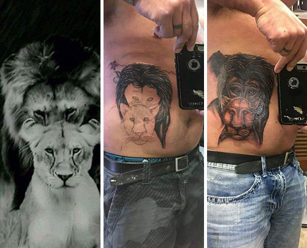 Badly executed lion couple tattoo