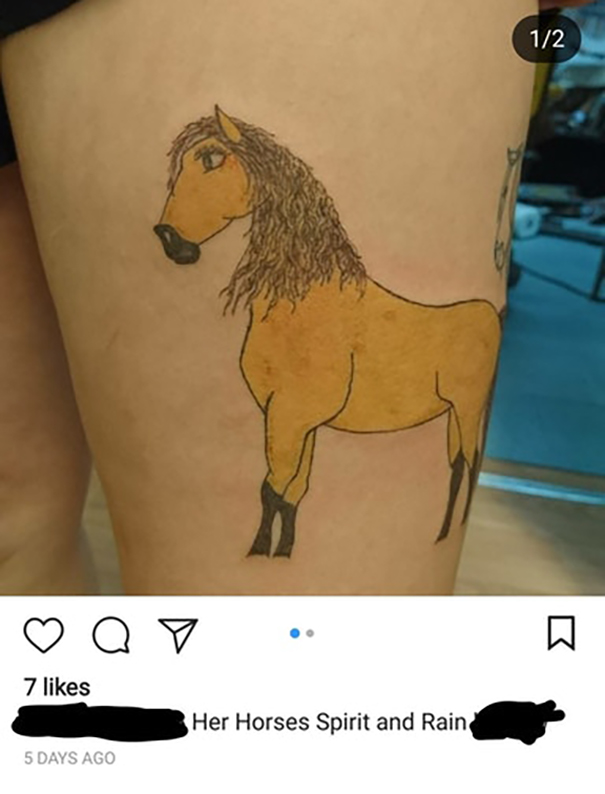 Badly executed yellowish horse tattoo