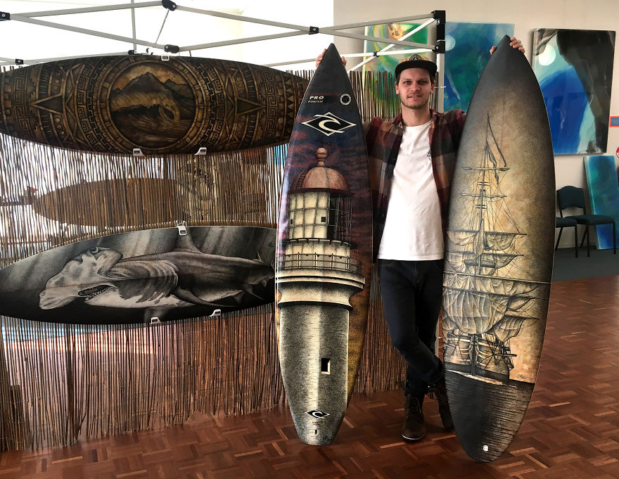 I Re-Purpose Old Surfboards Into Artwork With Detailed Stippling Illustrations Of Surf And Beach-Inspired Themes