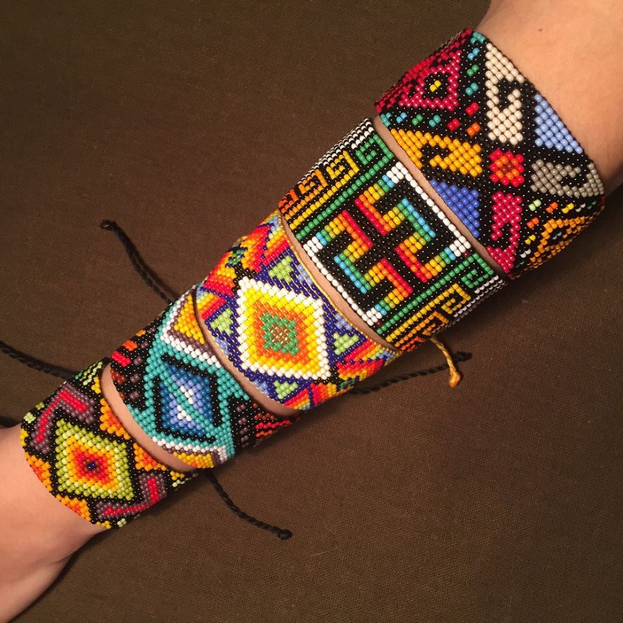 I Make Bracelets From Colorful Beads With A Pattern Of Indians Of Latin America