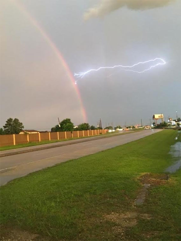 Lightning Striking A Rainbow, This Moment Caught On My Mom's Cell Phone