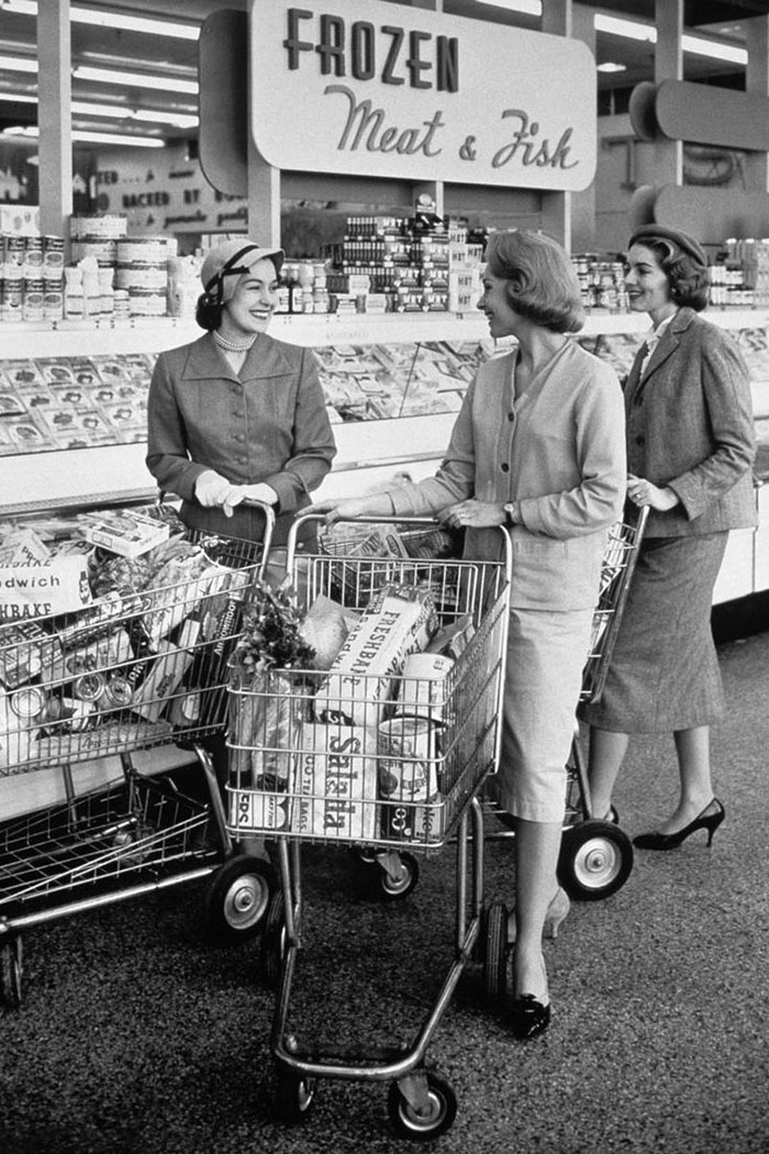 Three Women Talking In Frozen Food Aisle Of Supermarket, 1950s