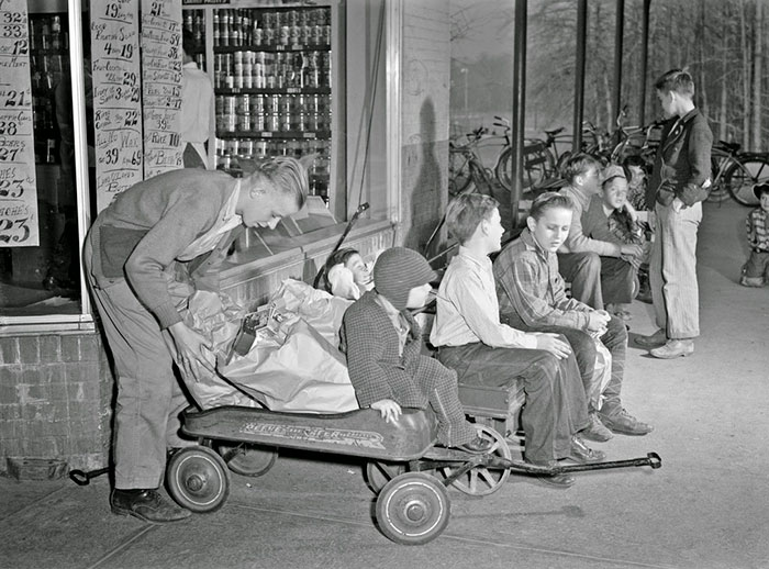Delivery Vans, 1942 Style, Line Up Outside A Greenbelt, Maryland, Grocery Store Awaiting Customers