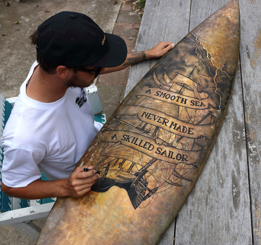I Re-Purpose Old Surfboards Into Artwork With Detailed Stippling Illustrations Of Surf And Beach-Inspired Themes