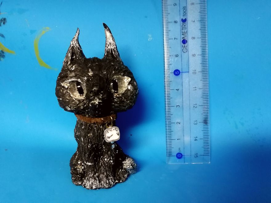 A Silver-Black Cat Out Of Polymer Clay