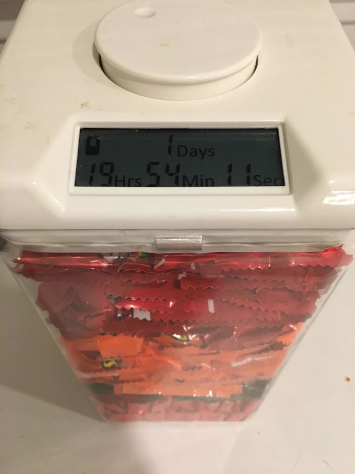 My Wife Put Our Candy In A Locked Container With A Timer On It So I Can’t Have Any Before Halloween